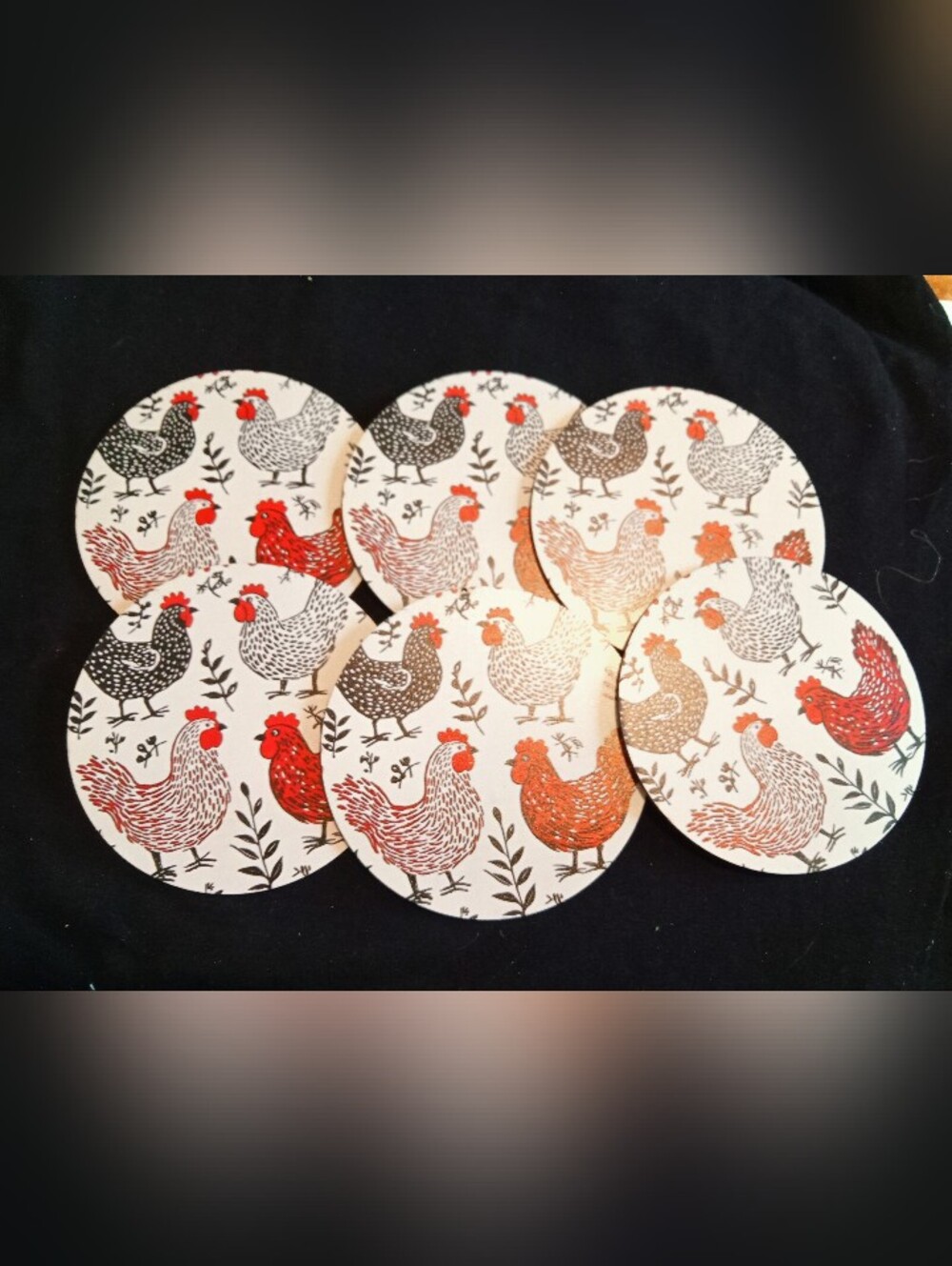 Set of Round Chicken Print Coasters - Red, Black, Tan